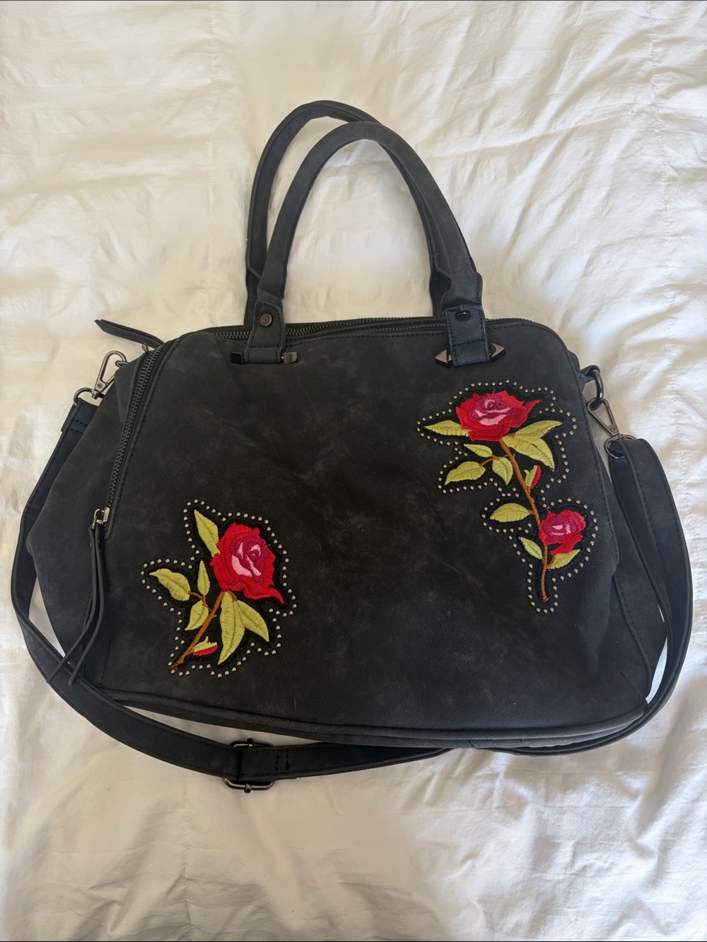 NWT Rare Violet Ray Black Floral Embroidered Shoulder Bag with Detachable Strap